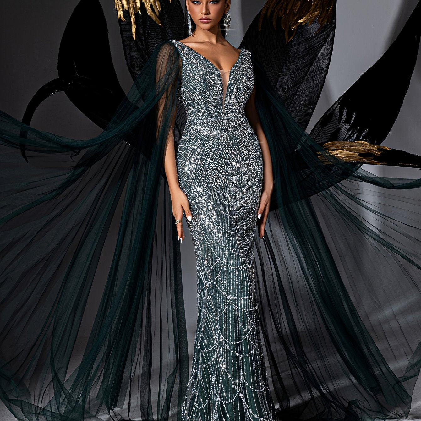 Evening Dress Women's Mesh Shawl Deep V-Neck Bodycon High-Waisted Long Train Skirt Suitable for Banquet Party