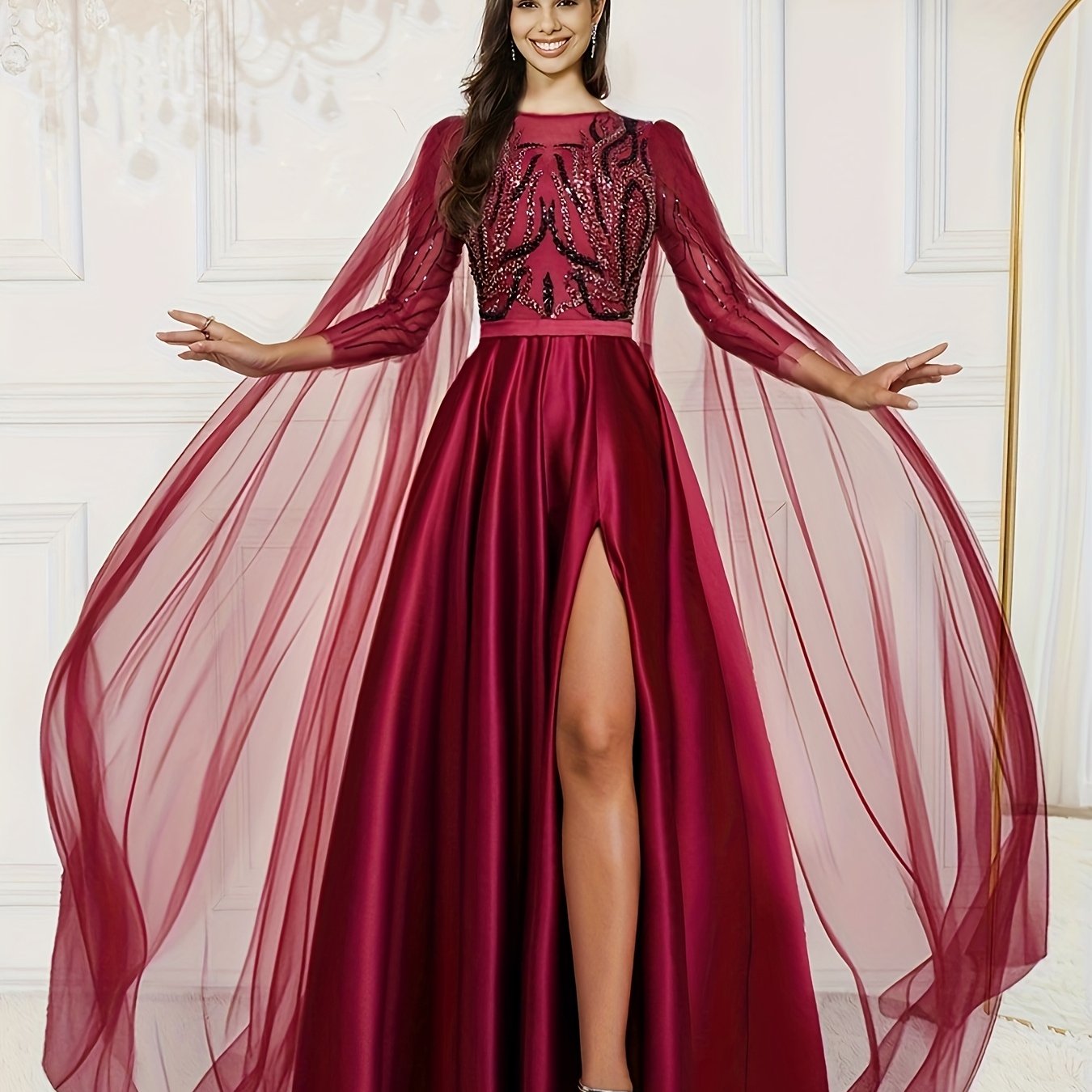 Elegant Women's Sleeveless Sequined & Beaded Formal Dress - Rich Red A-Line Mermaid Evening Gown with Extra-Long Train for Prom, Weddings, Galas & Special Occasions, Mermaid Gifts