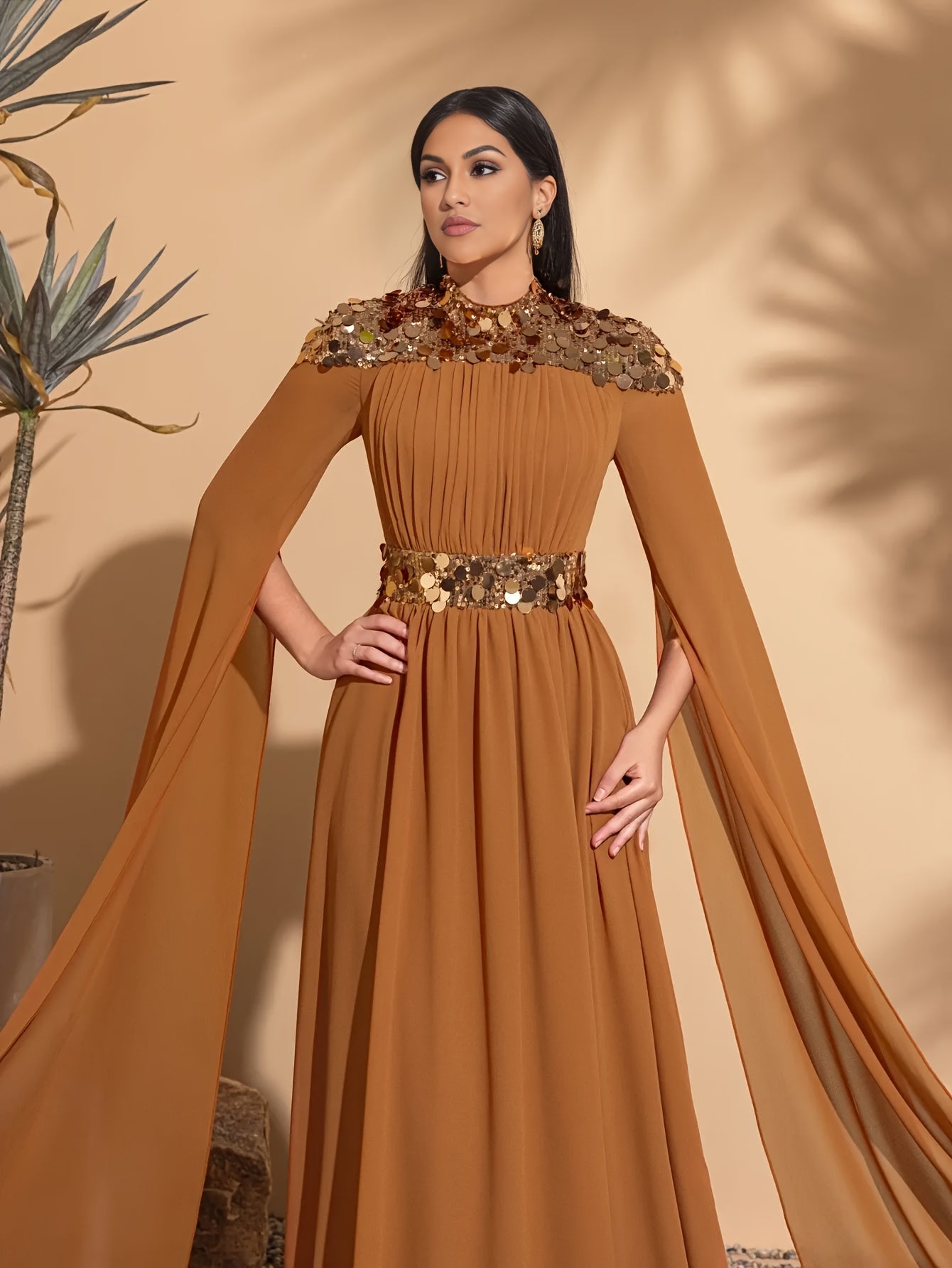 Elegant Sequin Party Dress Elegant Sequin Chiffon Long Sleeve Party Dress | Stand Collar Evening Gown | Sleek Long Sleeve Gown