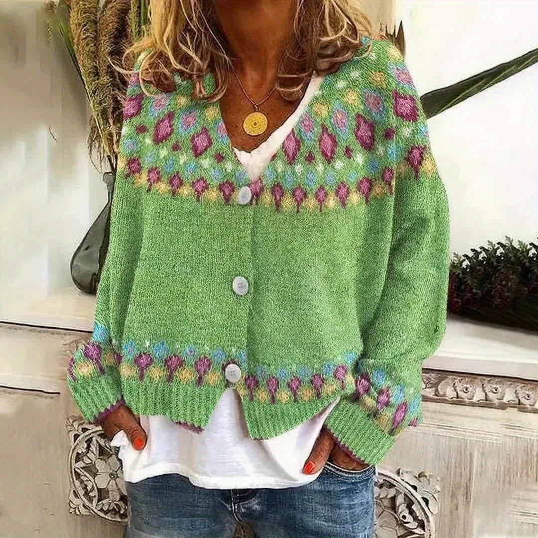 Stylish Green & Multicolor Geometric Pattern Knit Cardigan - Casual V-Neck, Polyester, Ideal for Fall\u002FWinter, Ladies Cardigans