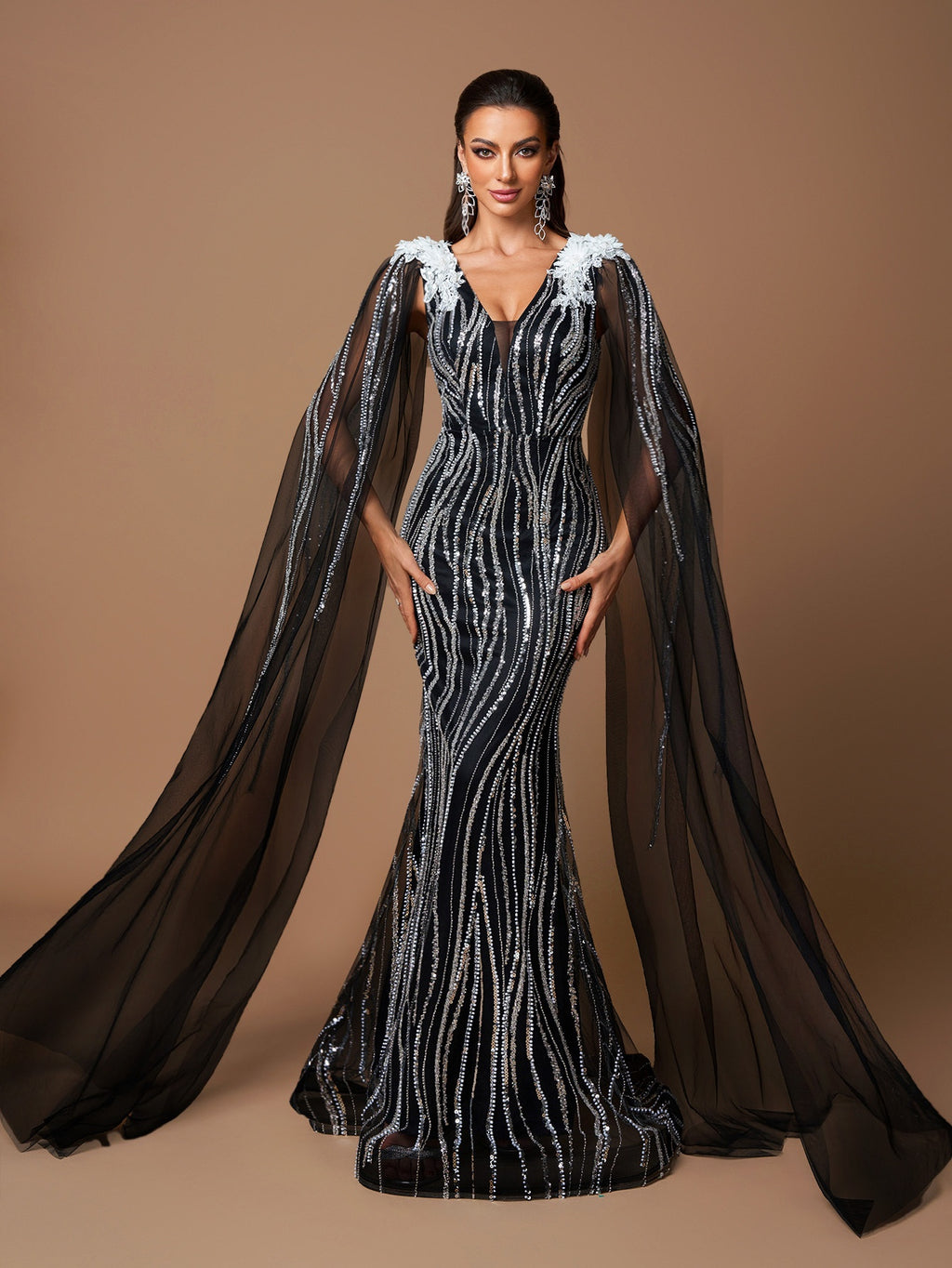 Elegant Black V-Neck Gown with White Floral Embellishments and Flowing Sleeves - Beaded Long Evening Dress for Women, Perfect for Formal Events, Formal Evening Wear | Sophisticated Style | Intricate Beadwork