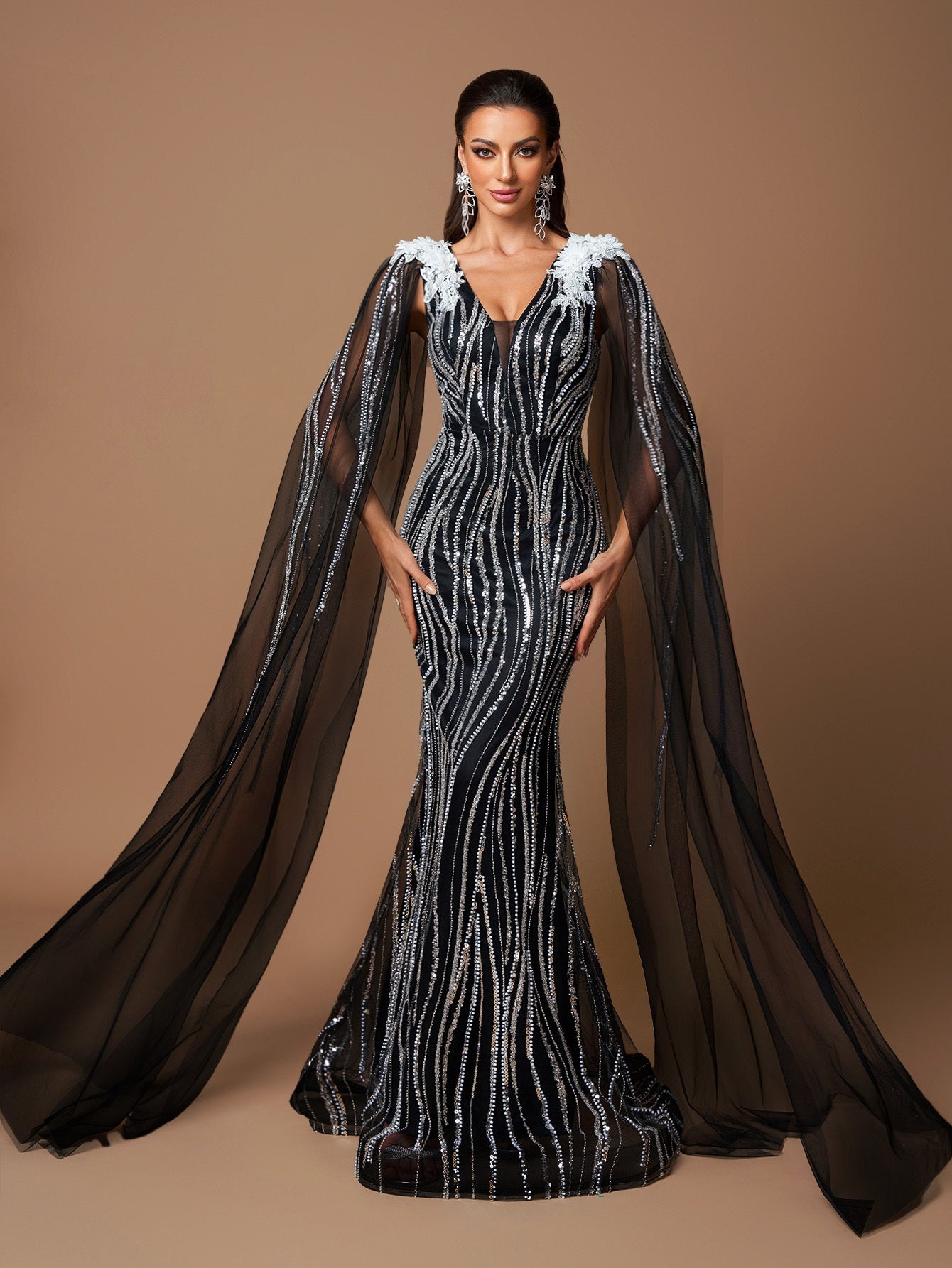 Elegant Black V-Neck Gown with White Floral Embellishments and Flowing Sleeves - Beaded Long Evening Dress for Women, Perfect for Formal Events, Formal Evening Wear | Sophisticated Style | Intricate Beadwork