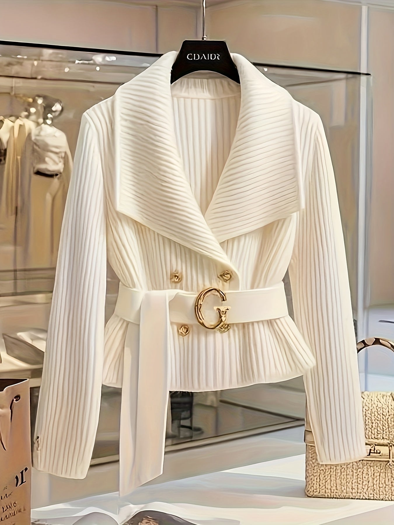 Chic White Collared Sweater Jacket for Women - Elegant Long Sleeve, Button-Up Front, Cinched Waist, Medium Stretch, Perfect for Fall\u002FWinter, Stylish Outerwear|Sophisticated Style| Construction