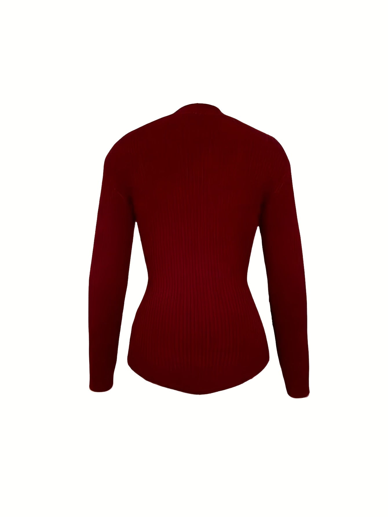 Elegant V-Neck Ribbed Sweater for Women - Long Sleeve Slim Fit Pullover with Cross Hem, Machine Washable All-Season Top, Burgundy Solid Color