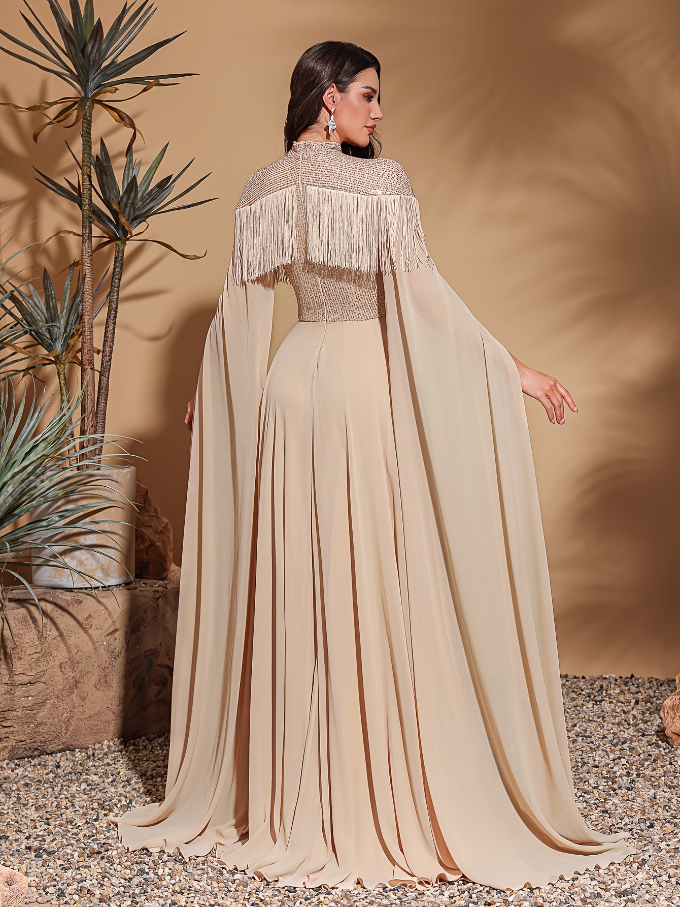 Elegant Chiffon Long Gown with Sequin Detail, Floor-Length Sleeves, and Tassel Detail - Beige, Polyester, Adult, Formal Event, Party Dres