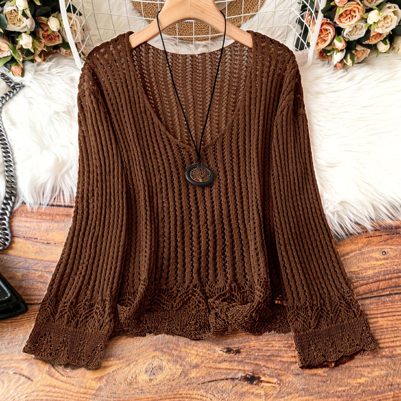 Breathable Openwork Sweater Breathable Openwork Pullover Sweater for Women | Loose Fit Long Sleeve, Deep V-Neck Design, Elegant Casual & Formal Outfits, Spring\u002FSummer Fashion, Stylish Layering Piece