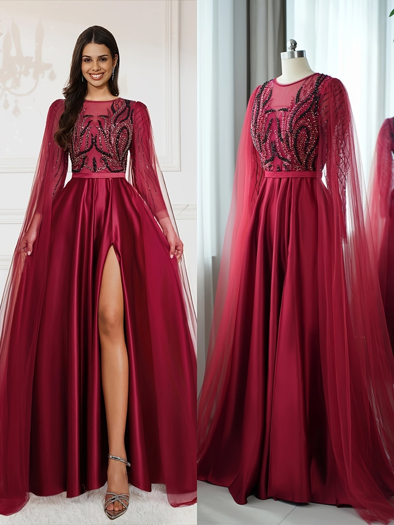 Elegant Women's Sleeveless Sequined & Beaded Formal Dress - Rich Red A-Line Mermaid Evening Gown with Extra-Long Train for Prom, Weddings, Galas & Special Occasions, Mermaid Gifts