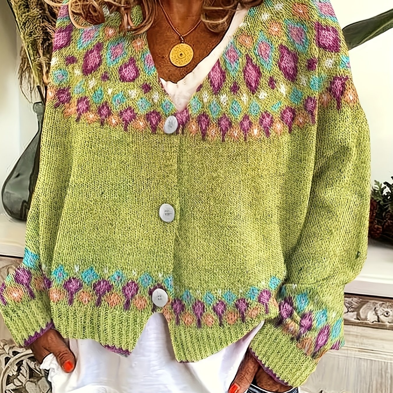 Stylish Green & Multicolor Geometric Pattern Knit Cardigan - Casual V-Neck, Polyester, Ideal for Fall\u002FWinter, Ladies Cardigans