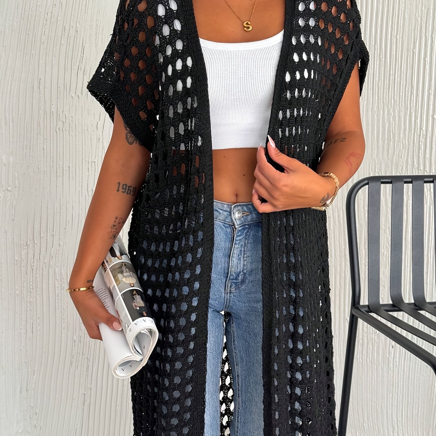 Crochet Lace Vest Sleeveless Long Beach Vest Women's Solid Color Crochet Lace Cardigan (Bikini Not Included)