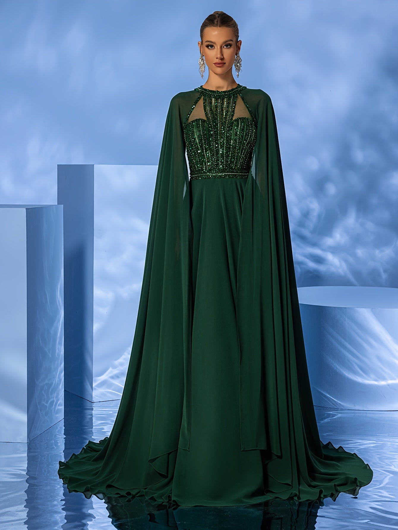 Women's Elegant Formal Evening Gown - Elegant Prom, Wedding, Graduation Party dress with Long Train, Formal event cape gown for Women - Luxury Gala Attire, Highneck Design, Sophisticated Construction, Bridal Wear