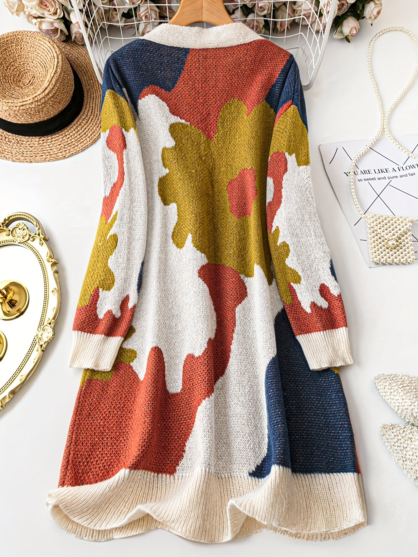 Casual Color-Block Cardigan Women's Casual Color-Block V-Neck Cardigan | Long Sleeve, Open Front, Beige, Navy Blue, Yellow, Red & White, Medium Stretch, Perfect for Fall\u002FWinter, Autumn Winter Cardigan | Vneck Cardigan | Texture