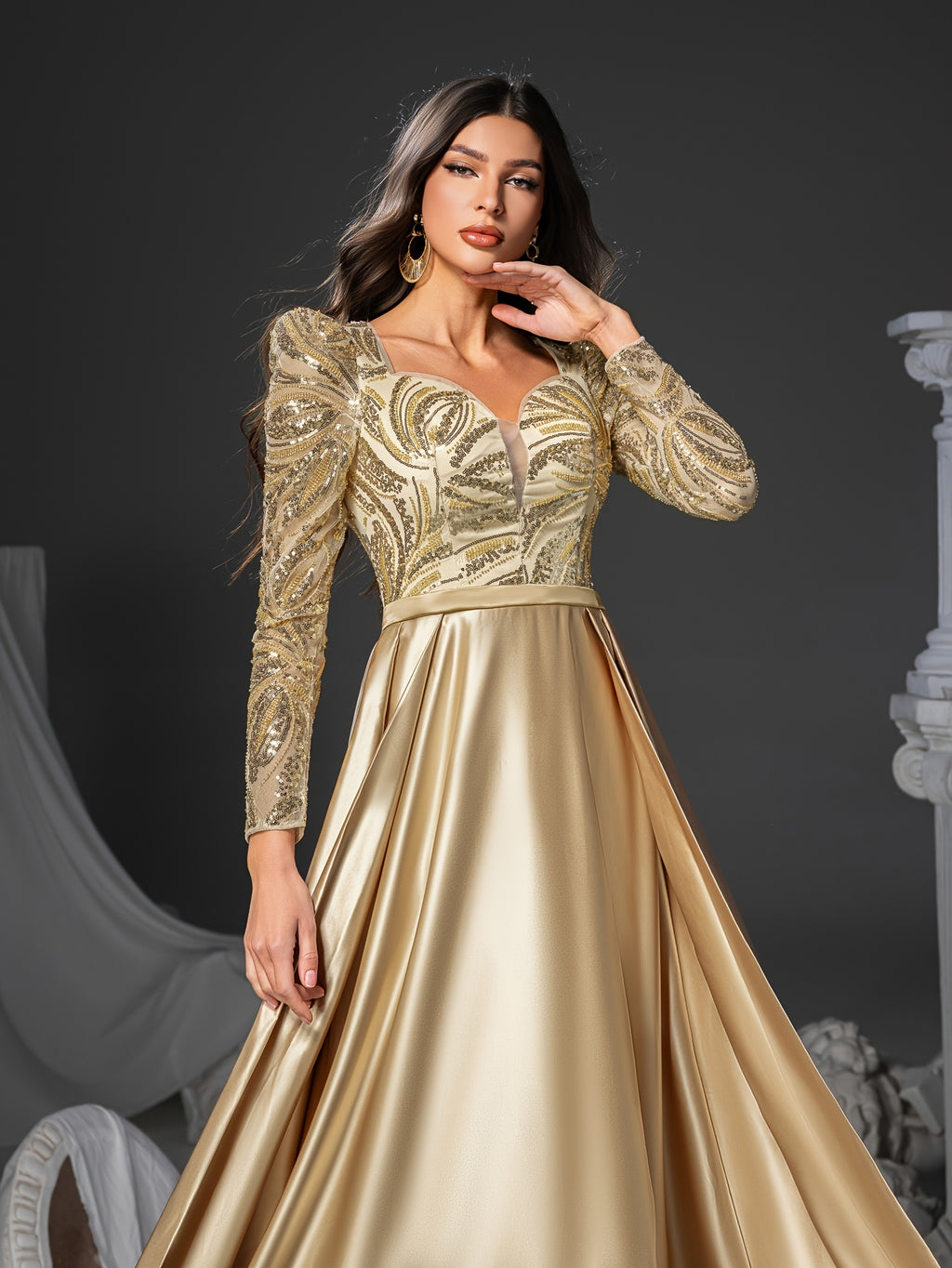 Golden Sequin Mermaid Dress Elegant Women's Golden Sequin Embellished Mermaid Dress | Long Sleeve V-Neck Formal Party Wedding Gown with Flowy Train | Hand Wash Only, Wedding Guest Attire, Sophisticated Fashion, Structured Bodice