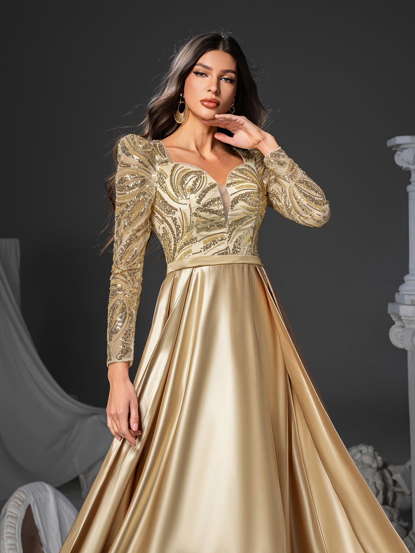 Golden Sequin Mermaid Dress Elegant Women's Golden Sequin Embellished Mermaid Dress | Long Sleeve V-Neck Formal Party Wedding Gown with Flowy Train | Hand Wash Only, Wedding Guest Attire, Sophisticated Fashion, Structured Bodice