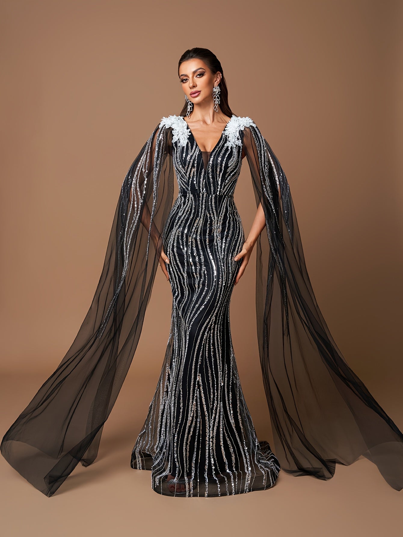 Elegant Black V-Neck Gown with White Floral Embellishments and Flowing Sleeves - Beaded Long Evening Dress for Women, Perfect for Formal Events, Formal Evening Wear | Sophisticated Style | Intricate Beadwork