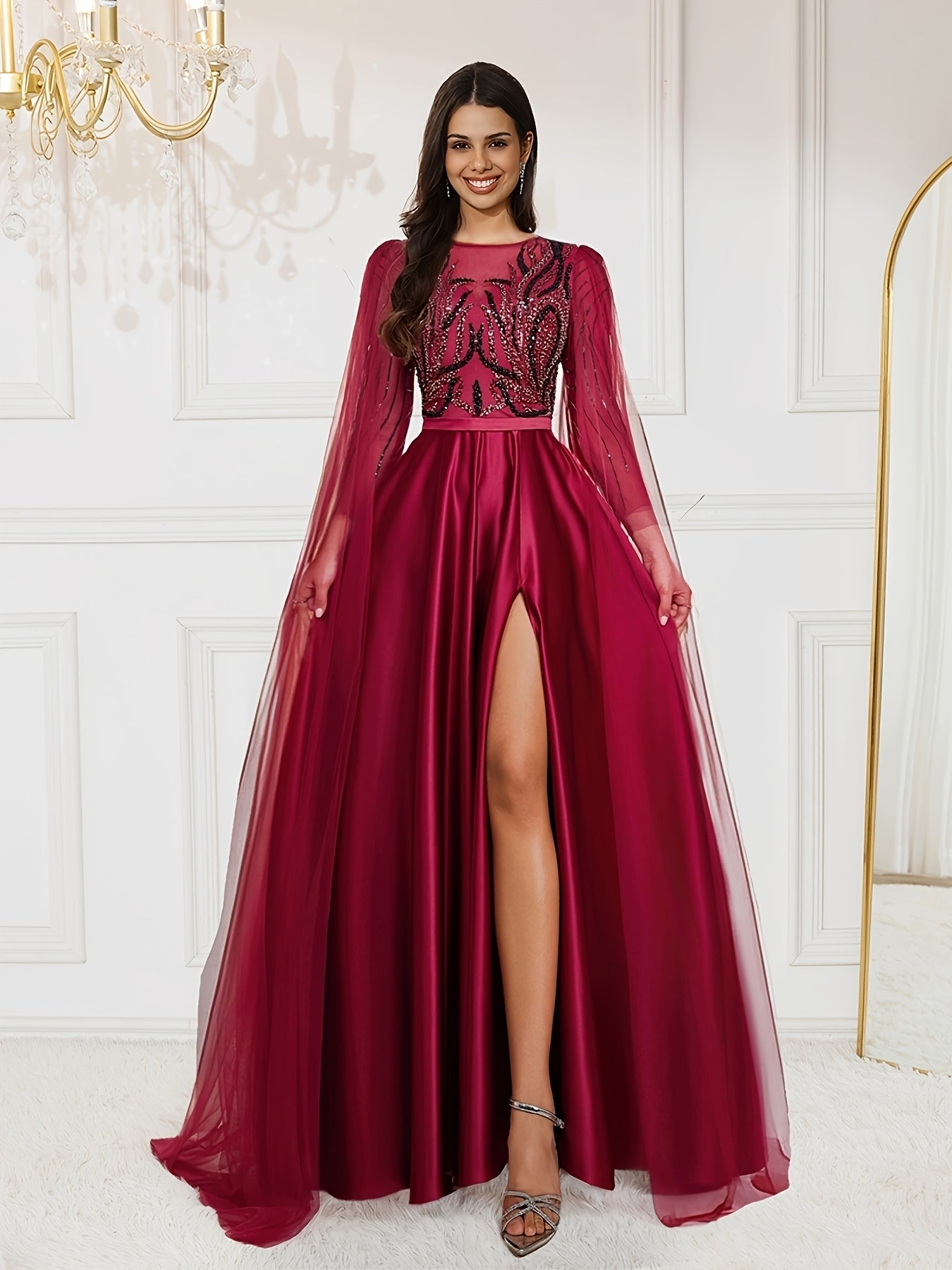 Elegant Women's Sleeveless Sequined & Beaded Formal Dress - Rich Red A-Line Mermaid Evening Gown with Extra-Long Train for Prom, Weddings, Galas & Special Occasions, Mermaid Gifts