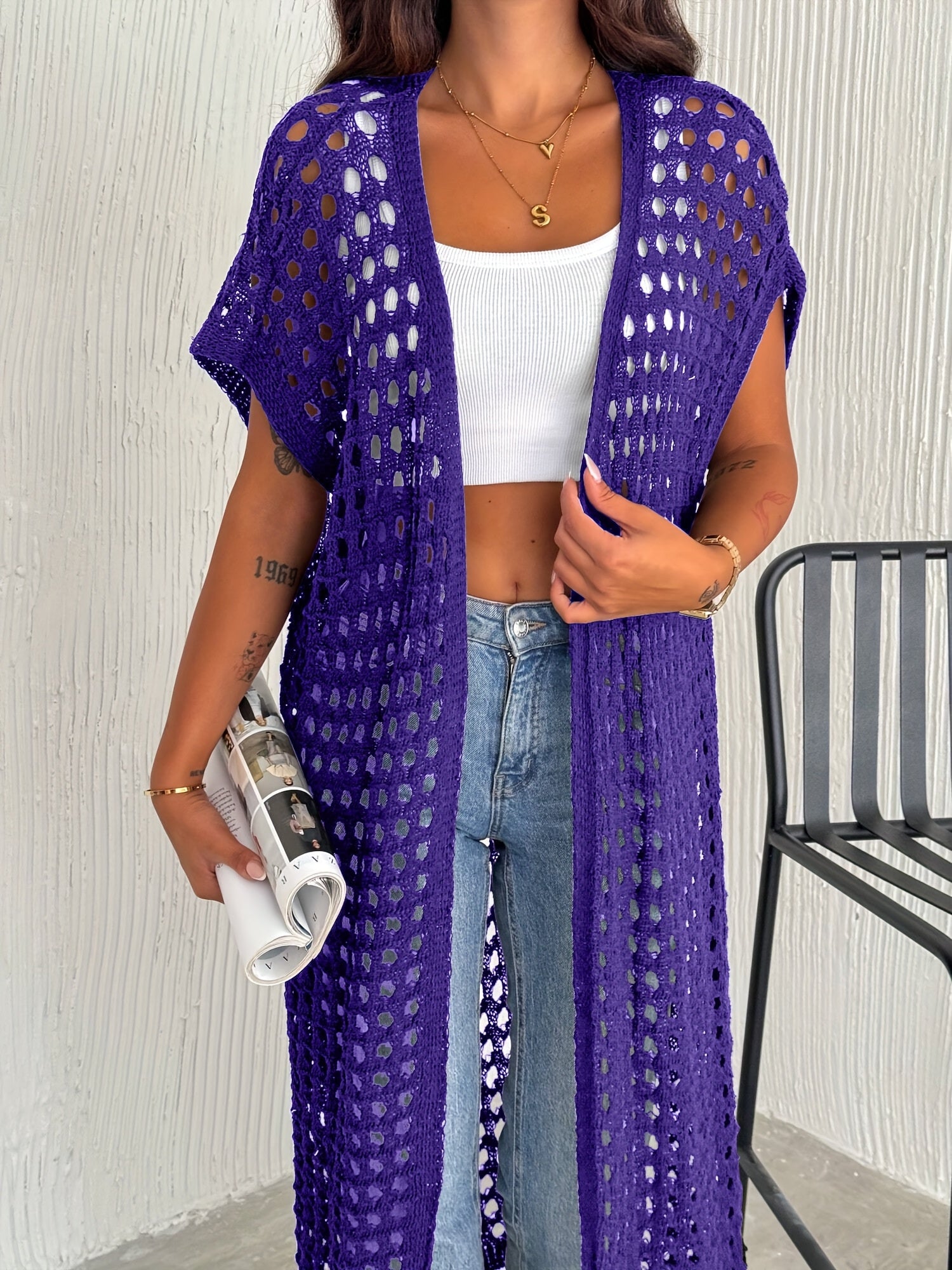 Crochet Lace Vest Sleeveless Long Beach Vest Women's Solid Color Crochet Lace Cardigan (Bikini Not Included)