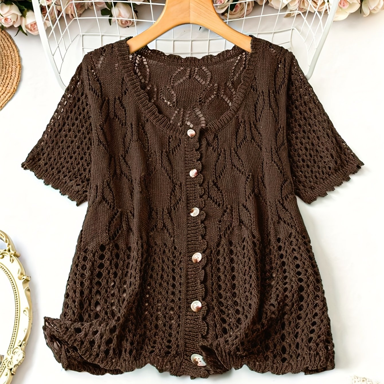 Women's Lightweight Cardigan with Lace Cut-Outs & Pearl Buttons - Relaxed Fit Short Sleeve Spring Summer Casual Sweater, Machine Washable Semi-Sheer H-Line Silhouette, Short Sleeve Cardigan