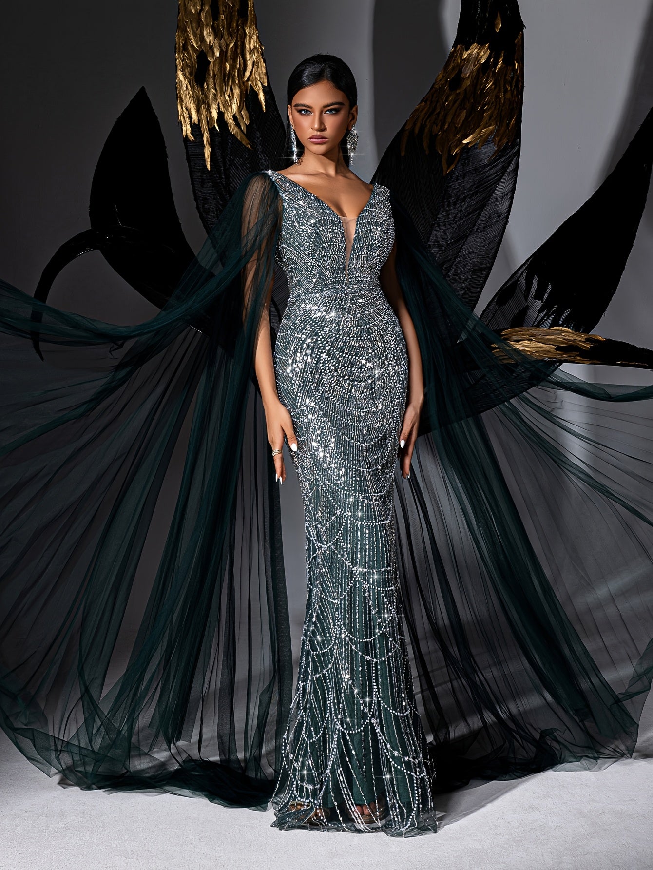 Evening Dress Women's Mesh Shawl Deep V-Neck Bodycon High-Waisted Long Train Skirt Suitable for Banquet Party