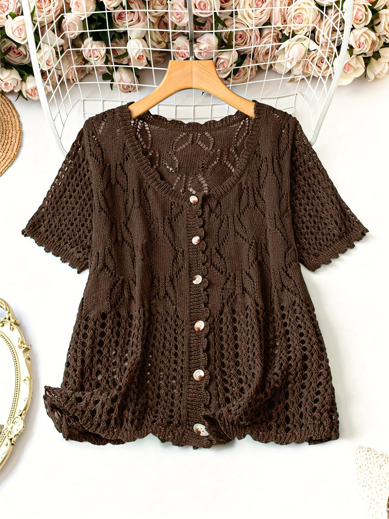 Women's Lightweight Cardigan with Lace Cut-Outs & Pearl Buttons - Relaxed Fit Short Sleeve Spring Summer Casual Sweater, Machine Washable Semi-Sheer H-Line Silhouette, Short Sleeve Cardigan