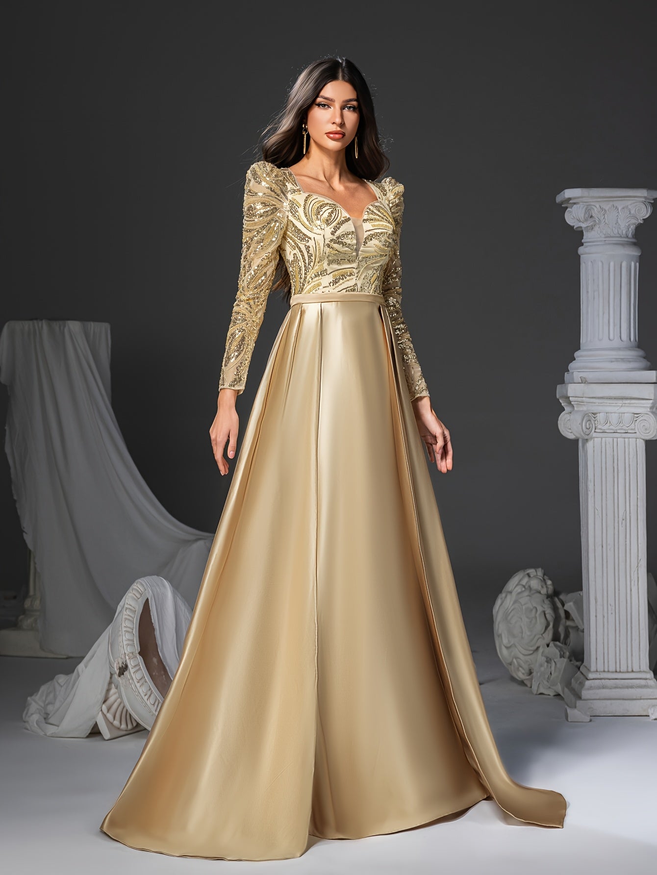 Golden Sequin Mermaid Dress Elegant Women's Golden Sequin Embellished Mermaid Dress | Long Sleeve V-Neck Formal Party Wedding Gown with Flowy Train | Hand Wash Only, Wedding Guest Attire, Sophisticated Fashion, Structured Bodice