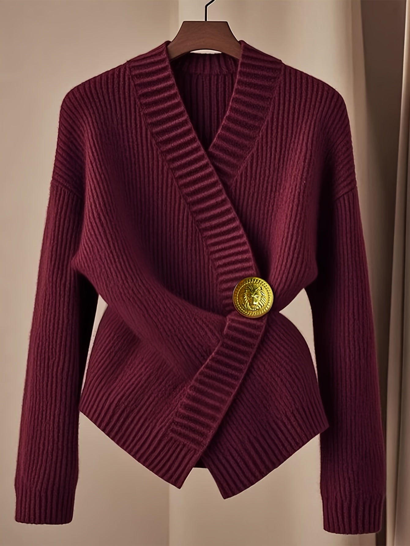 Elegant V-Neck Ribbed Sweater for Women - Long Sleeve Slim Fit Pullover with Cross Hem, Machine Washable All-Season Top, Burgundy Solid Color