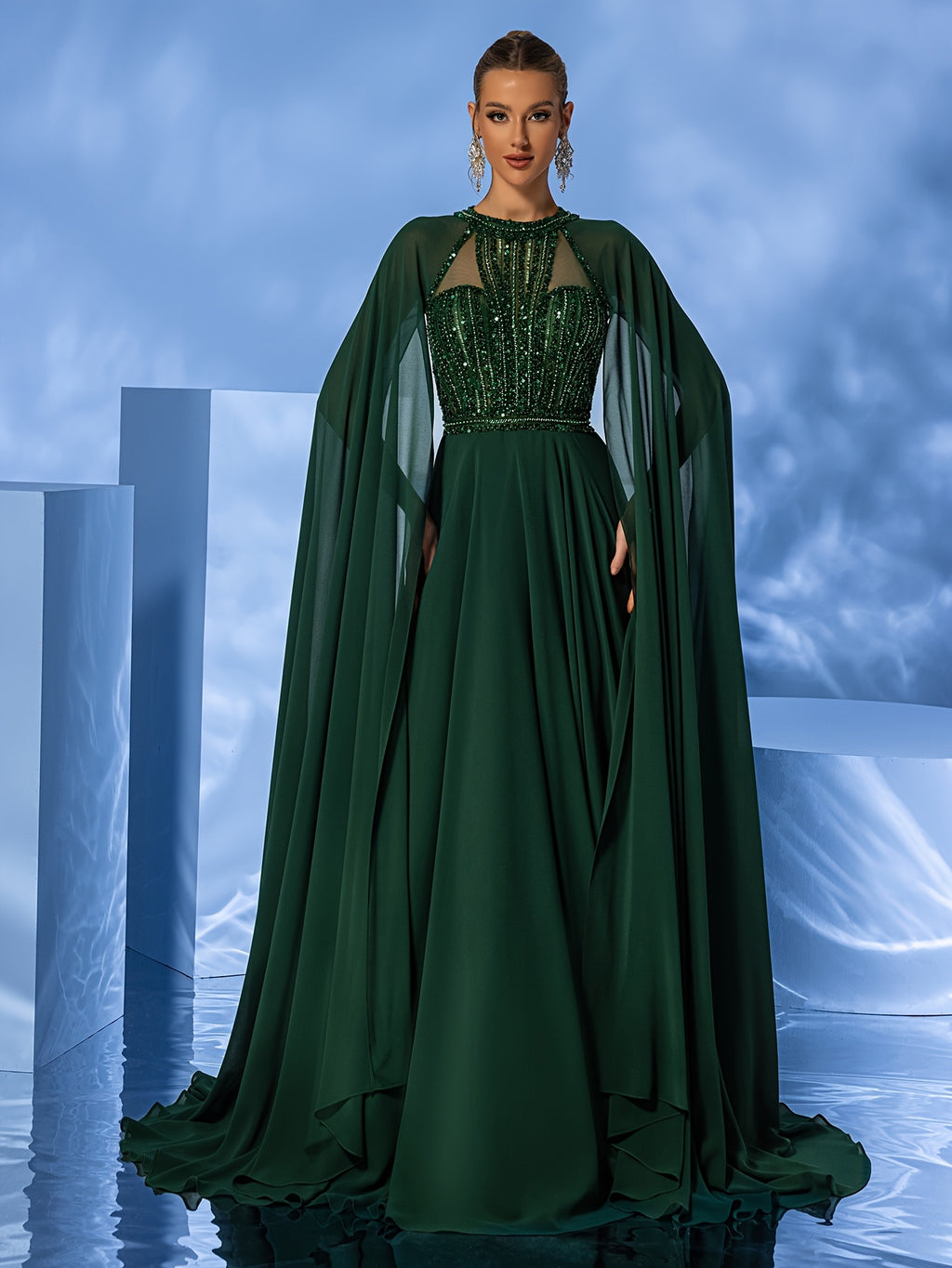 Women's Elegant Formal Evening Gown - Elegant Prom, Wedding, Graduation Party dress with Long Train, Formal event cape gown for Women - Luxury Gala Attire, Highneck Design, Sophisticated Construction, Bridal Wear