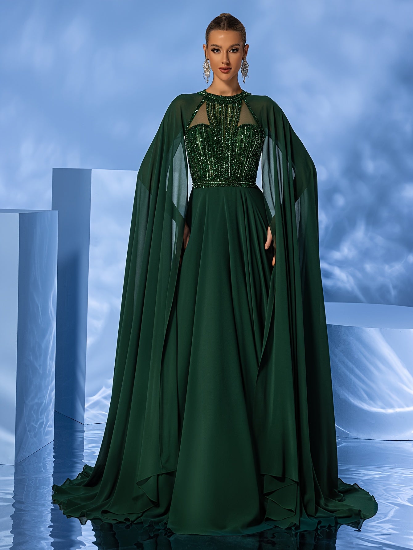 Women's Elegant Formal Evening Gown - Elegant Prom, Wedding, Graduation Party dress with Long Train, Formal event cape gown for Women - Luxury Gala Attire, Highneck Design, Sophisticated Construction, Bridal Wear