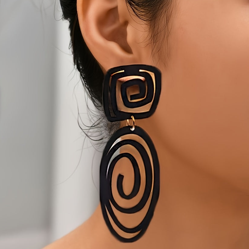 1 Pair Vintage Boho Earrings 1 Pair Vintage Boho Style Black Swirl Oval Square Dangle Earrings | Zinc Alloy Fashion Ear Accessories | Daily and Vacation Wear, All-Season Versatile Design