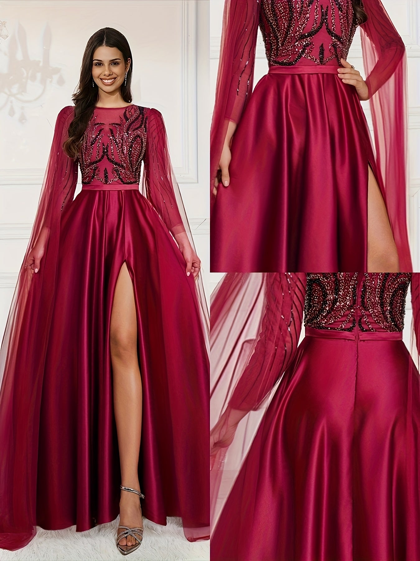 Elegant Women's Sleeveless Sequined & Beaded Formal Dress - Rich Red A-Line Mermaid Evening Gown with Extra-Long Train for Prom, Weddings, Galas & Special Occasions, Mermaid Gifts