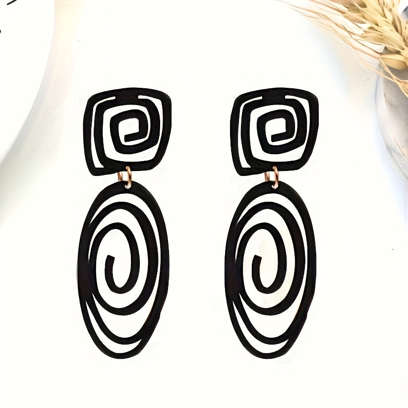 1 Pair Vintage Boho Earrings 1 Pair Vintage Boho Style Black Swirl Oval Square Dangle Earrings | Zinc Alloy Fashion Ear Accessories | Daily and Vacation Wear, All-Season Versatile Design