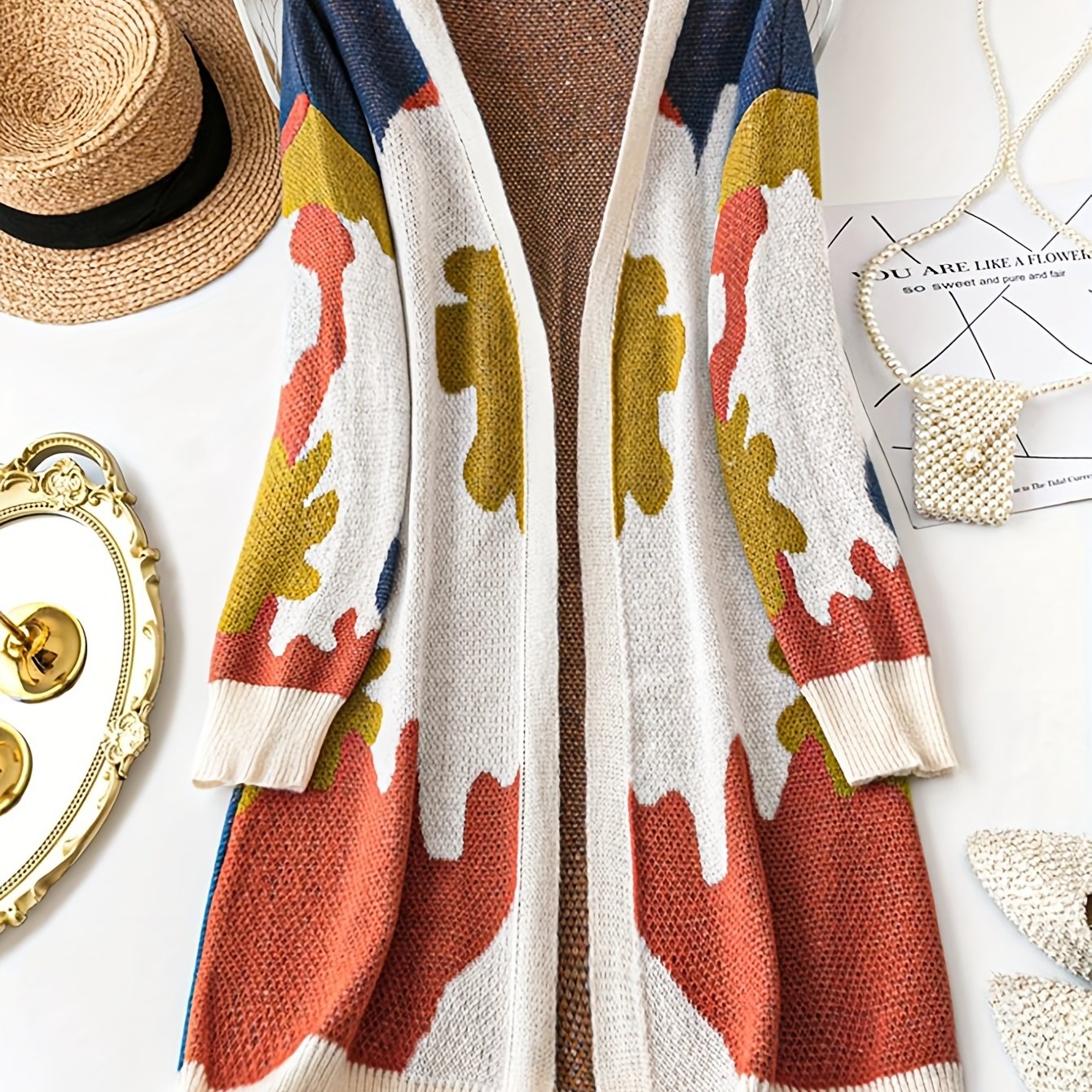Casual Color-Block Cardigan Women's Casual Color-Block V-Neck Cardigan | Long Sleeve, Open Front, Beige, Navy Blue, Yellow, Red & White, Medium Stretch, Perfect for Fall\u002FWinter, Autumn Winter Cardigan | Vneck Cardigan | Texture