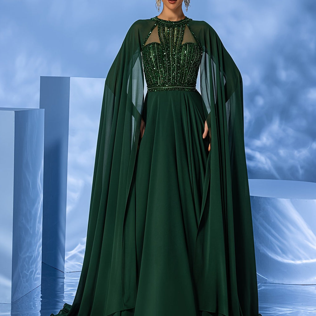 Women's Elegant Formal Evening Gown - Elegant Prom, Wedding, Graduation Party dress with Long Train, Formal event cape gown for Women - Luxury Gala Attire, Highneck Design, Sophisticated Construction, Bridal Wear