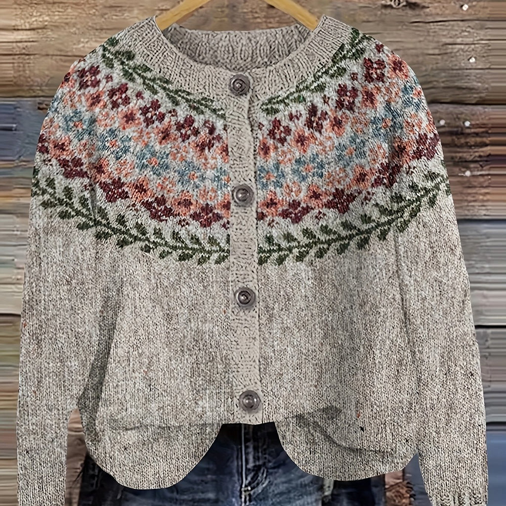 Women's Vintage Fair Isle Cardigan - Geometric Pattern Button-Front Sweater with Raglan Sleeves, Machine Washable Medium Stretch Round Neck Pullover for Fall Winter Layering, Cardigan Sweater, Fall Layering Piece, Retro Floral Pattern, Textured Knitwear