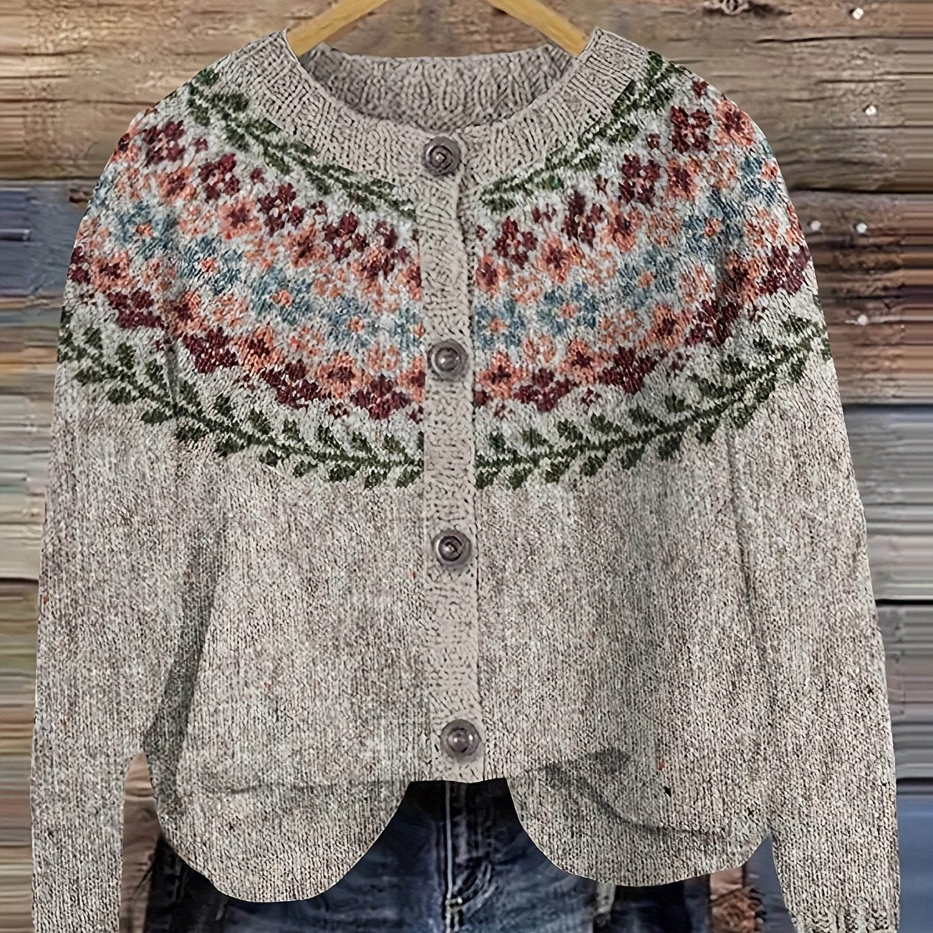 Women's Vintage Fair Isle Cardigan - Geometric Pattern Button-Front Sweater with Raglan Sleeves, Machine Washable Medium Stretch Round Neck Pullover for Fall Winter Layering, Cardigan Sweater, Fall Layering Piece, Retro Floral Pattern, Textured Knitwear