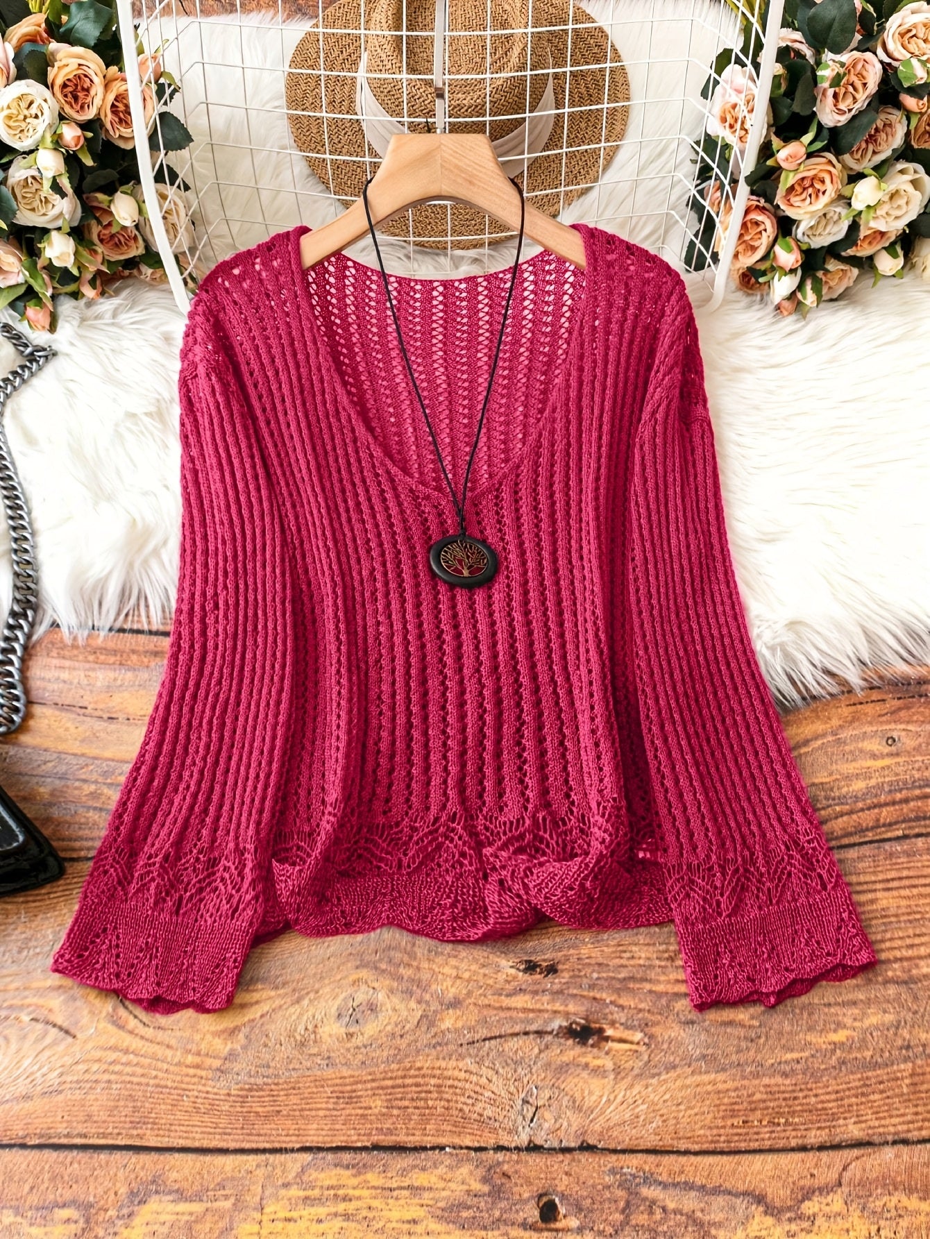 Breathable Openwork Sweater Breathable Openwork Pullover Sweater for Women | Loose Fit Long Sleeve, Deep V-Neck Design, Elegant Casual & Formal Outfits, Spring\u002FSummer Fashion, Stylish Layering Piece