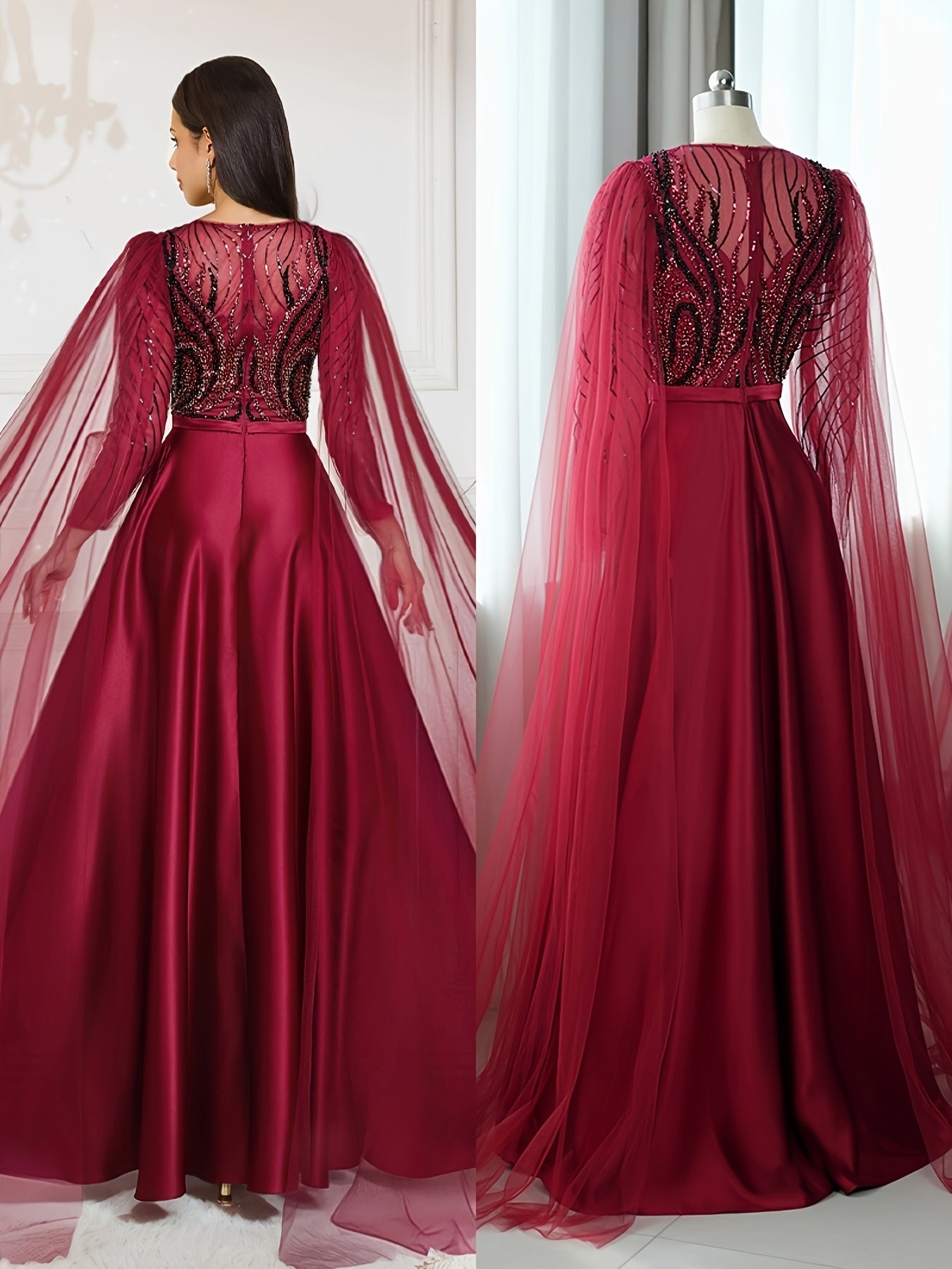 Elegant Women's Sleeveless Sequined & Beaded Formal Dress - Rich Red A-Line Mermaid Evening Gown with Extra-Long Train for Prom, Weddings, Galas & Special Occasions, Mermaid Gifts
