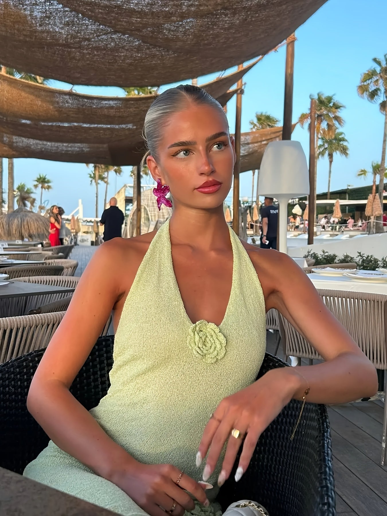 Women'S Sexy Backless V-Neck Floral Knit Long Dress with High Waist and Side Slit - Perfect for Beach Vacations, Spring\u002FSummer Fashion, Sleeveless, Polyester Fabric, Long Sleeve Dress|Vneck Dress|Polyester Knit